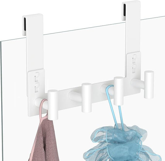 PMMASTO No-Drill Extra Long Shower Hooks, Fits 3/8" Thick Door, Heavy Duty Stainless Steel Towel Hooks for Frameless Glass Shower Door, Holds Bathrobe Towel (White, 4 T-Hooks)