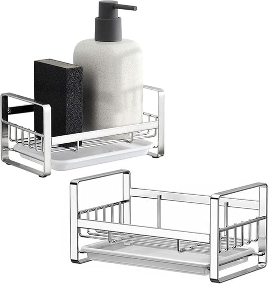 2 Pack Kitchen Sponge Holder - Kitchen Sink Organizer - Sink Caddy - Sink Tray - Soap Holder - Stainless Steel,Silver+White