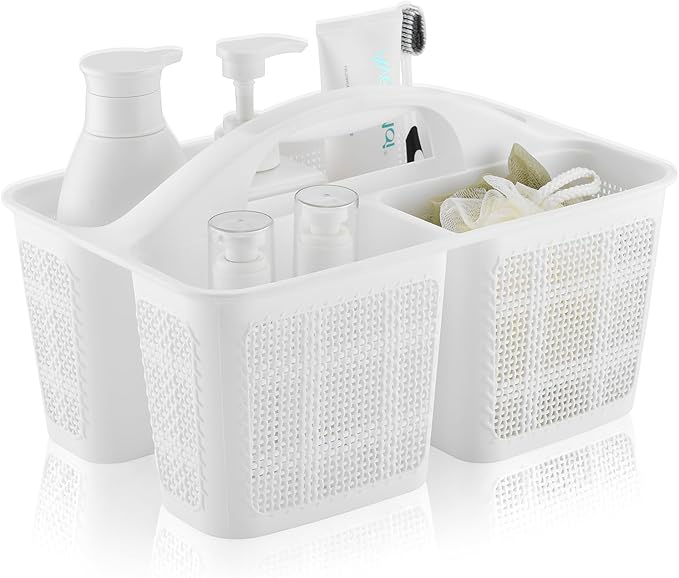 NINU Plastic White Shower Caddy Basket, Divided Cleaning Portable Shower Basket with Handle Compartments Storage Organizer for Bathroom, College, Kitchen, Dorm Room Essentials