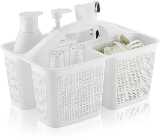 NINU Plastic White Shower Caddy Basket, Divided Cleaning Portable Shower Basket with Handle Compartments Storage Organizer for Bathroom, College, Kitchen, Dorm Room Essentials
