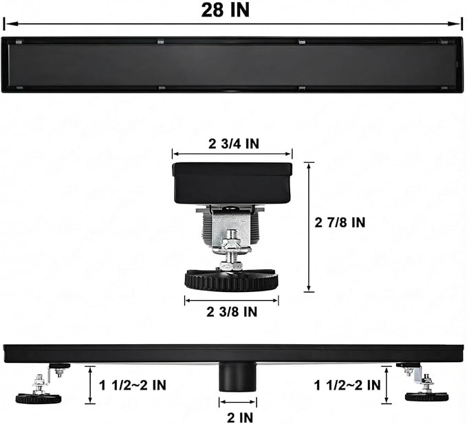 AVSIILE Linear Shower Floor Drain, Black 28 Inch 304 Stainless Steel Bathroom Drains Kit, Rectangular Shower Trench Drain with Reversable Tile-in Pattern Drain Cover & Hair Catcher