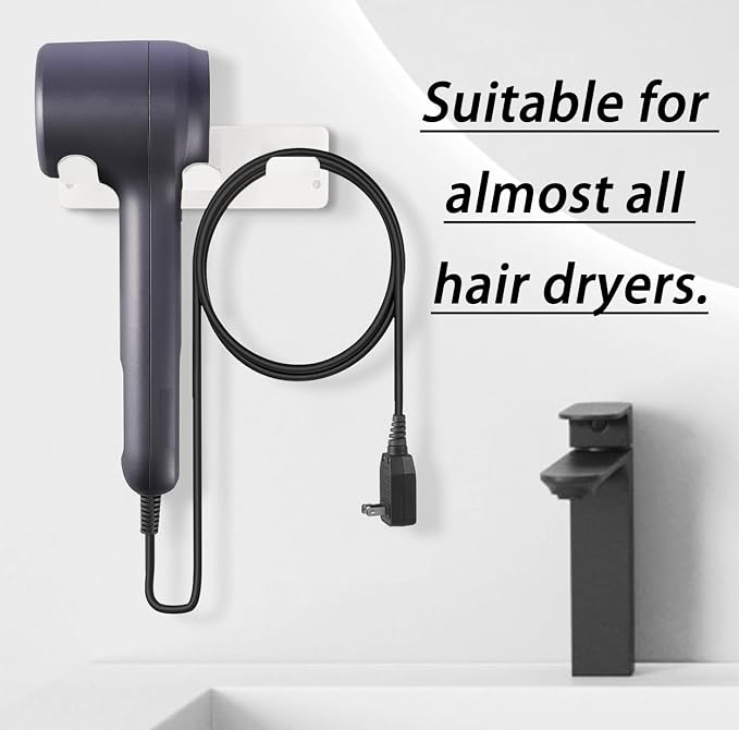 Hair Dryer Holder Wall Mount, Universal Hair Dryer Hanger for Bathroom/Bedroom/Barbershop, 304 Stainless Steel Organizer with 3M Adhesive, No Drilling Space Saver (White)