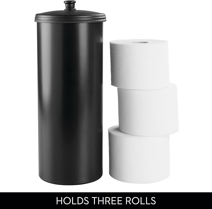 iDesign Freestanding Bathroom Toilet Paper Storage Holder, Matte Black | With Lid, For 3 Extra Rolls