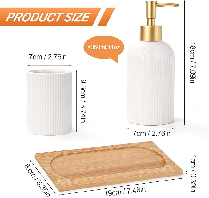 RETON 3 PCS Ceramic Bathroom Accessories Set with Natural Bamboo Tray-White | Included Hand Soap Dispenser, Toothbrush Cup and Bamboo Tray, Fits Bathroom Countertop, Bath Countertop Decor Organizer