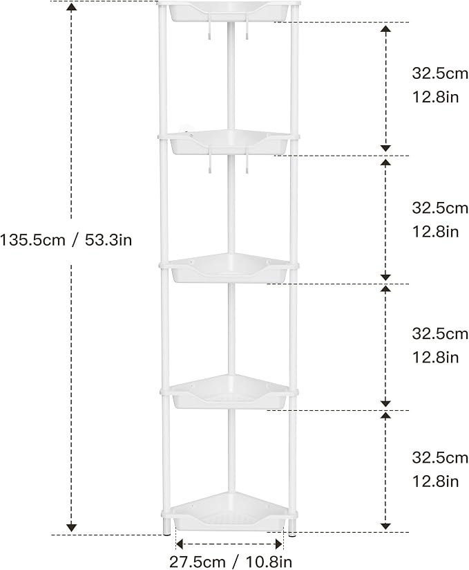 Orimade Rustproof 5 Tier Floor Standing Corner Shower Caddy Organizer, Plastic Metal Splicing Floor Corner Shelf Rack Stands for Bathroom, White