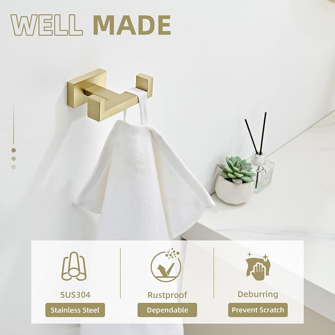 Angle Simple Towel Hook Brushed Gold, SUS304 Stainless Steel Double Robe Coat Hook, Hand Towel Holder Bathroom Wall Mount