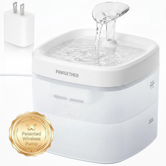 PAWGETHER® Cat Water Fountain with Wireless Pump 51oz/1.5L Dog Water Fountain, Ultra Quiet Automatic Pet Water Fountain Portable Indoor Ourdoor Travel Small Dog Water Dispenser with Adapter White