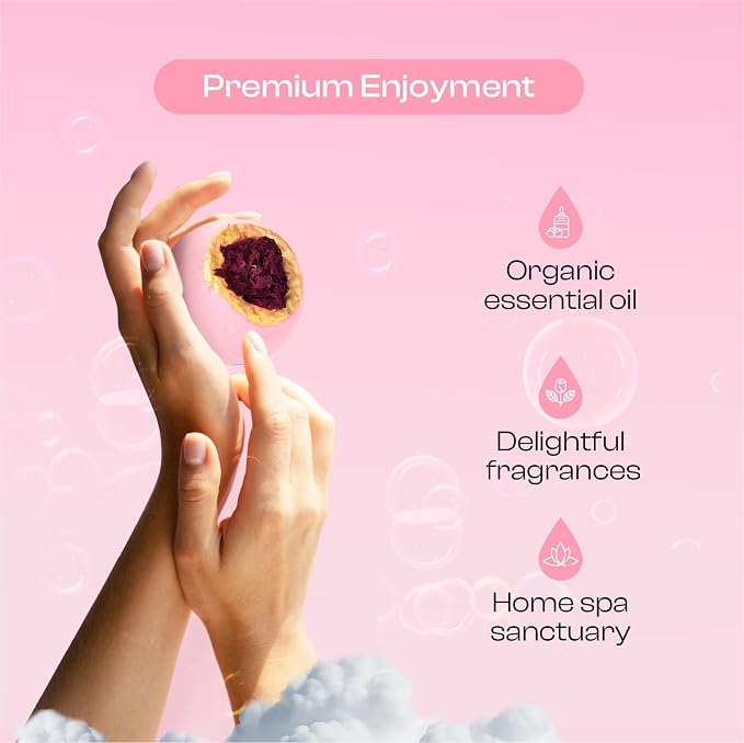 Rose Bath Bombs Gift Set for Women, 6 Pack with Whole Dried Rose | Romantic home spa relaxation, essential oils aromatherapy, birthday anniversary presents for mom, wife, girlfriend