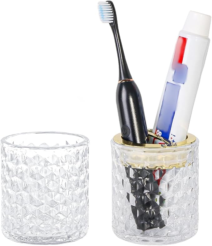 2pcs Clear Glass Toothbrush Holder, Bathroom Tumbler Cups and Toothpaste Holder Set, Tooth Brush Cup Organizer with Gold Divider, Bathroom Toothbrush Cup for Countertop Decor