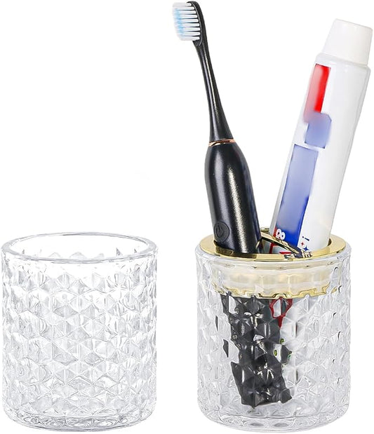 2pcs Clear Glass Toothbrush Holder, Bathroom Tumbler Cups and Toothpaste Holder Set, Tooth Brush Cup Organizer with Gold Divider, Bathroom Toothbrush Cup for Countertop Decor