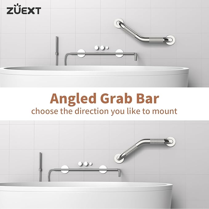 16 Inch Angled Grab Bar 2 Pack, ZUEXT Anti Slip Shower Grab Bar Handles,Chrome Stainless Steel Knurled Bathroom Balance Bar, Safety Hand Rail Support,Handicap Elderly Injury Senior Assist Bath Handle