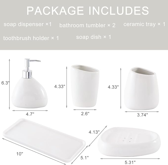 Ceramic Bathroom Accessory Set with Ceramic Tray, 6 Pieces Bathroom Countertop Accessory Set, Include Soap Dispenser, Toothbrush Holder, 2 Tumbler, Soap Dish, Vanity Tray,White