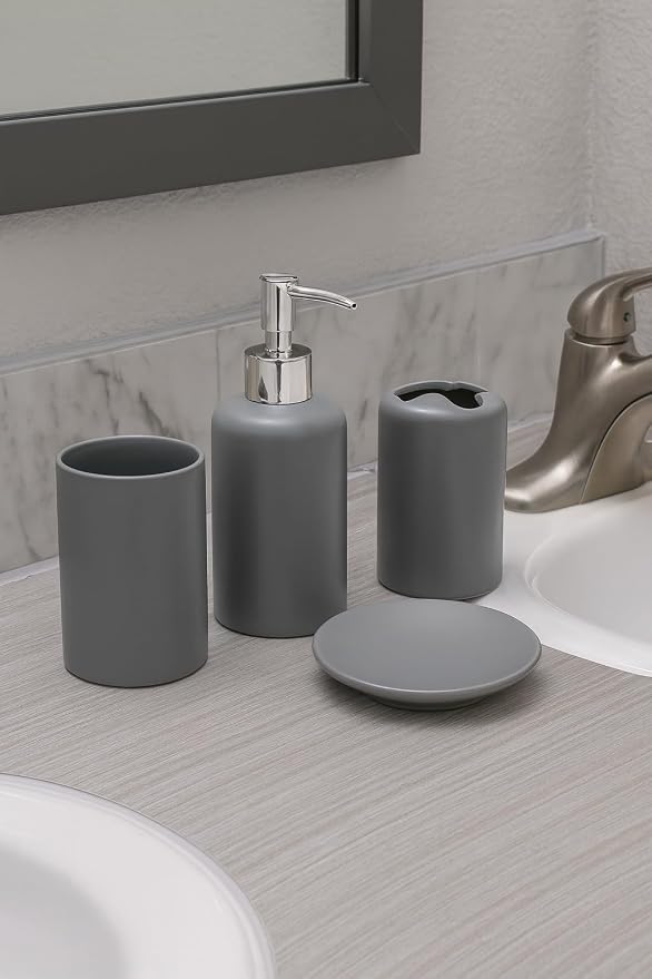 WPM 4 Piece Ceramic Bathroom Accessories Set - Silver Grey- Our Complete Bath Decor Kit Includes Designer Soap or Lotion Dispenser - Toothbrush Holder - Tumbler - Soap Dish (Silver Grey)