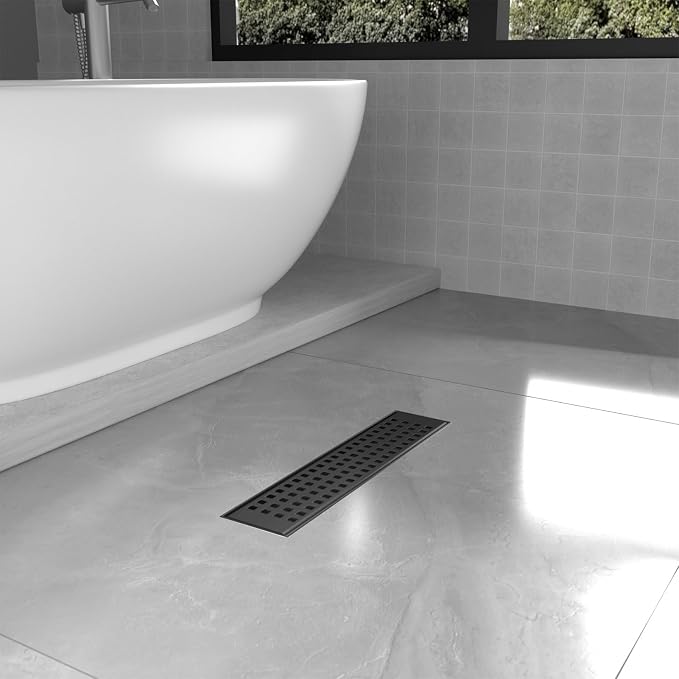 Linear Shower Drain | 18 Inch AISI 304 Stainless Steel Shower Drain, Matte Black Linear Drain with Removable Quadrato Grate Cover & Adjustable Feet, Rectangle Floor Drain, in Bathroom Balcony etc