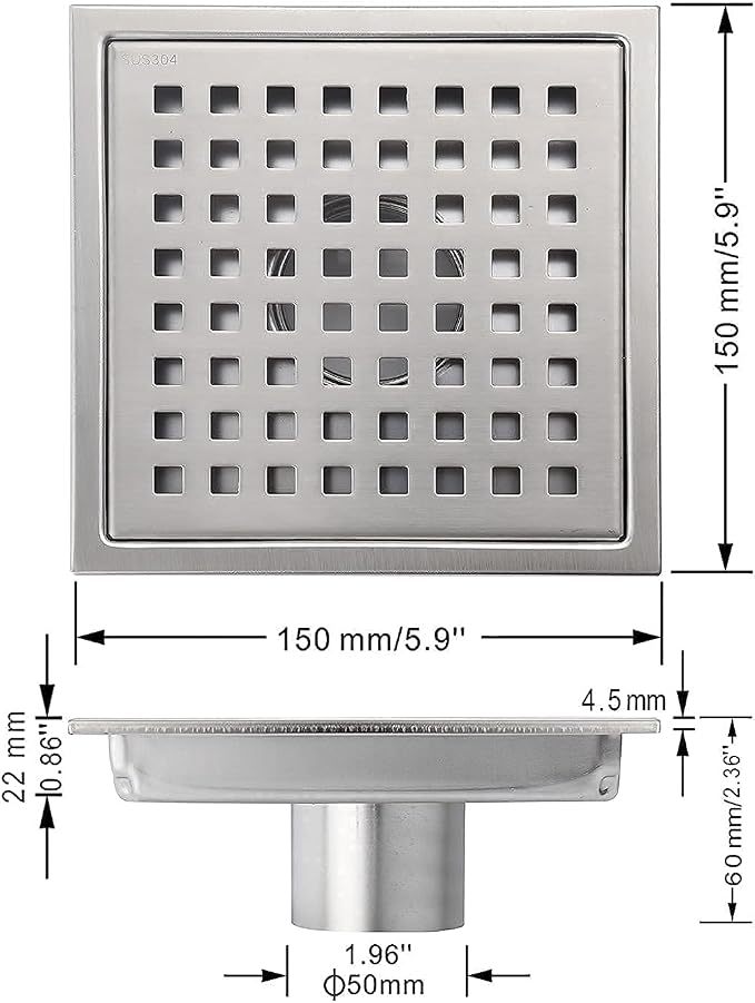 6 Inch Square Shower Floor Drain, Grille with Removable Cover, SUS304 Stainless Steel Brushed Nickel