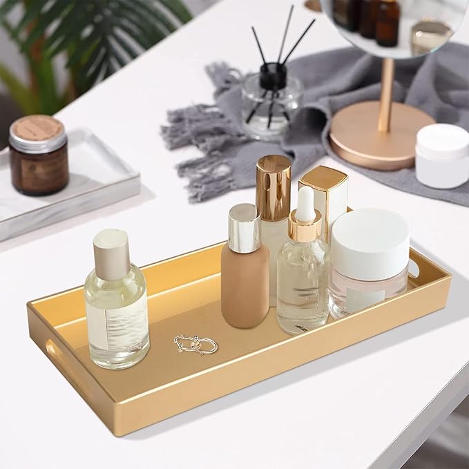 MAONAME Gold Vanity Tray Set of 2, Plastic Decorative Tray with Handles, Rectangular Bathroom Trays for Toilet Tank, 13.8" X 6" X 1.57"