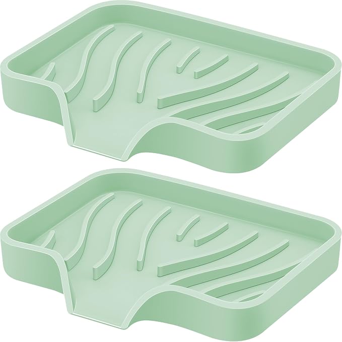 Silicone Soap Dish with Drain, SAISN Kitchen Soap Tray for Shower 2 Pack Self Draining Soap Dish Soft Bathroom Soap Holder for Kitchen Sink Flexible Portable Soap Saver, Light Green