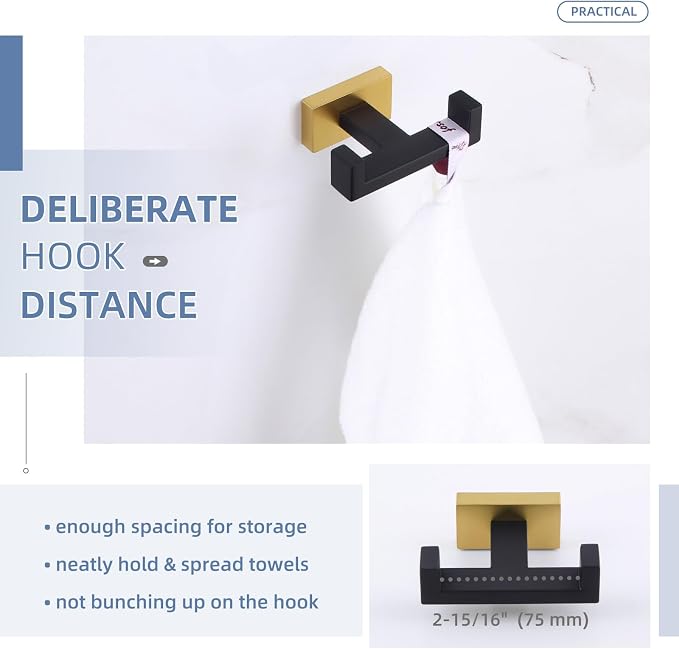 Angle Simple Double Towel Hook Black & Gold, Stainless Steel Bathroom Towel Holder, Coat Robe Hook Wall Mount