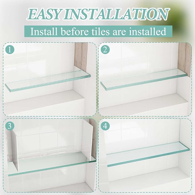 Teenyyou 2 Pcs 3-3/8" x 12" 3/8" Thick Tempered Glass Shelf Clear Flat Polished, Flush-Mounted Floating Shelf for Bathroom Essentials & Shower Niche No Mounting Hardware Required