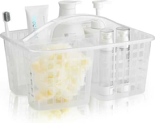 ALINK Plastic Shower Caddy Basket with Compartments, Portable Divided Cleaning Supply Storage Organizer with Handle for College Dorm Bathroom - Clear