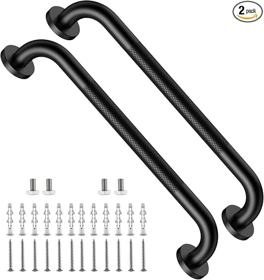 2 Pack Shower Grab Bar 16 Inch, ZUXET Matte Black Handicap Grab Bar w/Knurled Grip, 304 Stainless Steel Bathroom Handrail for Toilet, Shower, Bathtub, Wall Mounted Anti-Slip Support Bar for Seniors