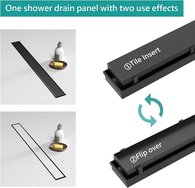 BARONAGE 32 Inch Linear Shower Drain, Rectangle Shower Floor Drain with 2-in-1 Flat & Tile Insert Cover, 304 Stainless Steel Bathroom Drains with Hair Catcher and Leveling Feet (Matte Black)