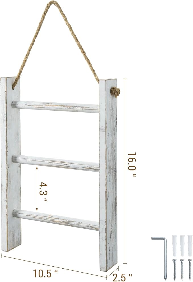 MyGift Rustic Hand Towel Holder, Whitewashed Solid Wood Farmhouse Bathroom Decor, Small Blanket Ladder for Home Decor, Wall Mounted Towel Rack for Shabby Chic Decor