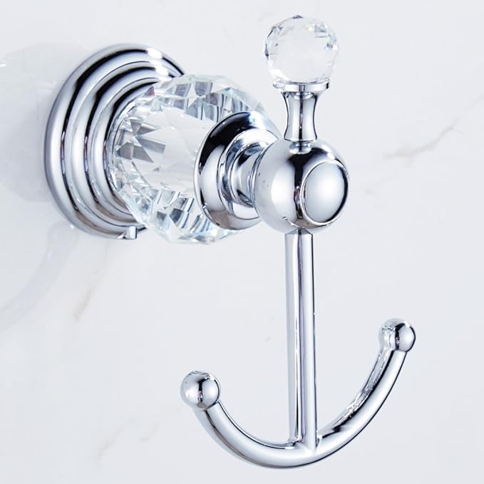 Crystal Silver Towel Hook, Chrome Bathroom Robe Hook, Coat Rack Hanger Heavy Sturdy Double Towel Hooks Bath Farmhouse Clothes Hook Wall Mounted Modern for Bathroom Kitchen Washroom