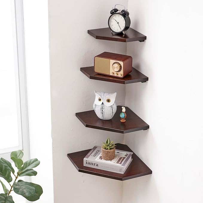 Corner Shelves Wall Mount, Set of 2 Solid Oak Wood Floating Corner Shelves with Wire Hole Display Shelf with Wire Hole Small Plant Display for Kitchen Living Room Bedroom