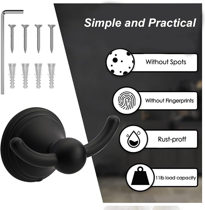 Asidrama Towel Hooks for Bathroom,Matte Black Coat Hooks for Kitchen Shower Door Wall Mounted,Exquisite Robe & Towel Hooks,Durable Robe Wall Hooks for Hanging Towels (2 Pack)