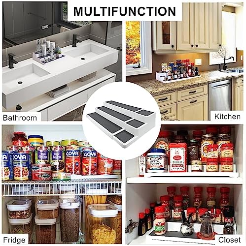 CiWiVOKi 3 Tier Expandable Spice Rack Organizer, White/Grey Plastic Spice Rack, Adjustable Length 14.6In-25.8In, 2 Pack Non-Skid Tiered Spice Shelf Organizer for Kitchen Cabinet, Cupboard, Pantry