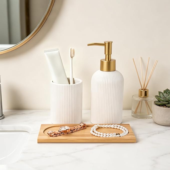 RETON 3 PCS Ceramic Bathroom Accessories Set with Natural Bamboo Tray-White | Included Hand Soap Dispenser, Toothbrush Cup and Bamboo Tray, Fits Bathroom Countertop, Bath Countertop Decor Organizer