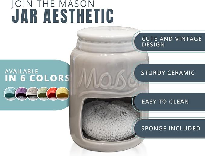 Comfify Grey Mason Jar Ceramic Sponge Holder – Farmhouse Sink Caddy | Grey; mason jar ceramic; 5"H x 3.75" diameter; includes nylon scrubby; embossed 'MASON'; decorative lid; farmhouse