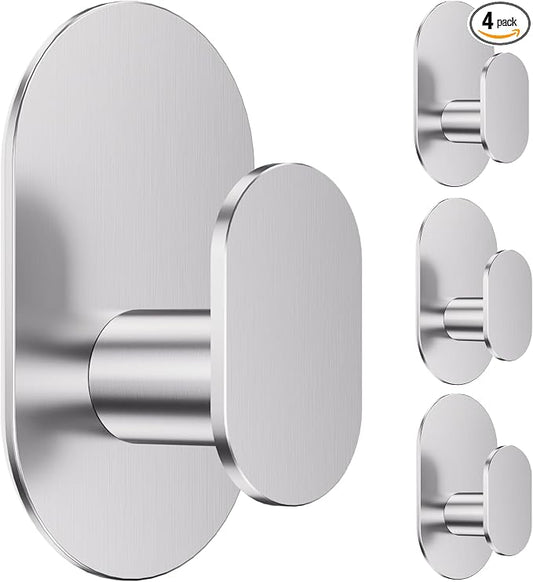 Aikzik Adhesive Towel Hooks - 4 Pack 26LB Heavy Duty Wall Sticky Waterproof Hooks for Hanging Coat, Towel, Robe, Wall Mount for Bathroom or Kitchen (Silver, Stainless Steel)