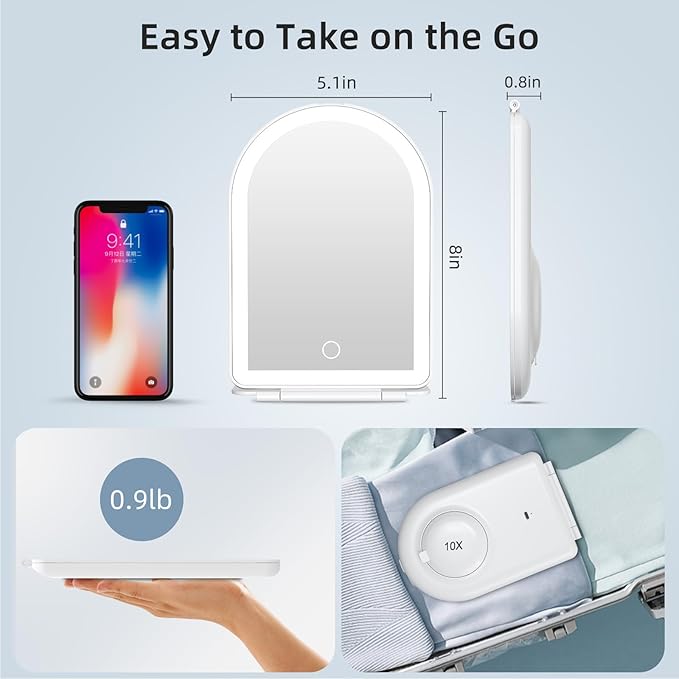 FUNTOUCH Rechargeable Travel Makeup Mirror with Lights Small 10X Magnify | Portable Lighted Compact Mirror with 10X Magnification,3 Lighting, Dimmable Touch, Tabletop Folding Cosmetic Vanity Mirror