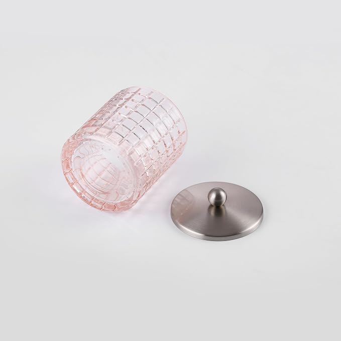 Blush Colored Tranlucent Apothecary Etched Geometric Grid Glass Jar W/Nickel Metal Lid Cover for Bathroom Organization, Cotton Balls, Q Tips, and Small Accessories, Bathroom Storage