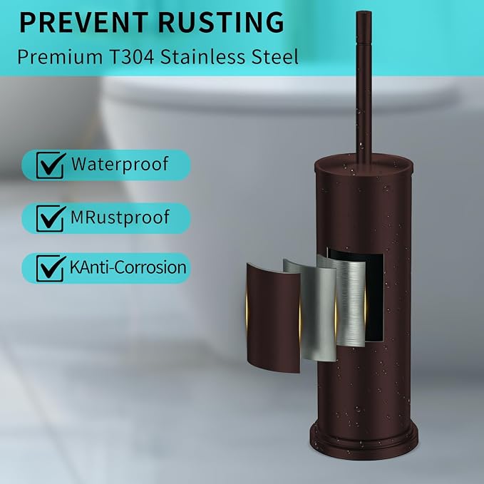 Stainless Steel Toilet Brush and Holder Set,Toilet Bowl Brush and Holder | Bronze Heavy Duty Toilet Brush for Bathroom with Long Handle,Removable Inner Bowl and Splash Protection,Deep Cleaning