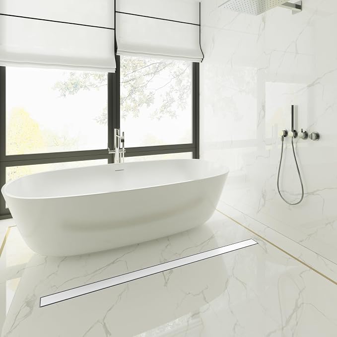 60-Inch Linear Shower Drain with Tile Insert Grate, SUS 304 Stainless Steel Linear Drain, Brushed Nickel Long Rectangle Shower Floor Drain with Leveling Feet, Hair Strainer, Fits Bathroom
