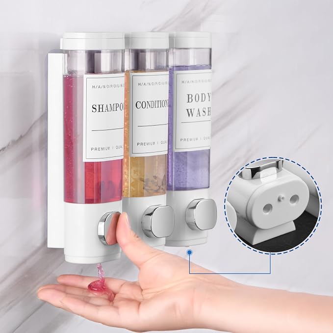 Shower Soap Dispenser Wall Mounted No Drill Shampoo Dispenser for Shower Wall Shampoo and Conditioner Dispenser Bathroom Hotel 3 * 300ml White with 3 Labels