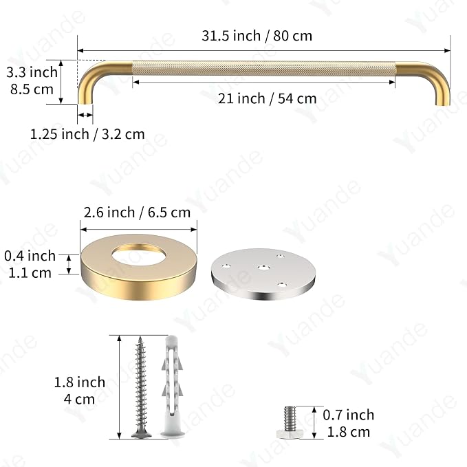 32 Inch Brushed Gold Grab Bars for Shower with Anti-Slip Knurled Grip,YuanDe Stainless Steel Bathroom Grab Bars, Shower Handrail Support, Handicap Elderly Balance Assist Handles
