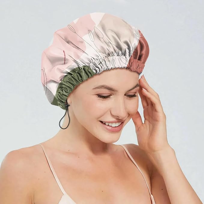 2 PCS Shower Cap Reusable Waterproof Double Layers Hair Caps Shower Bath Adjustable Elastic Hat for Women Girls Cute Aesthetic-Color Block Sunflower