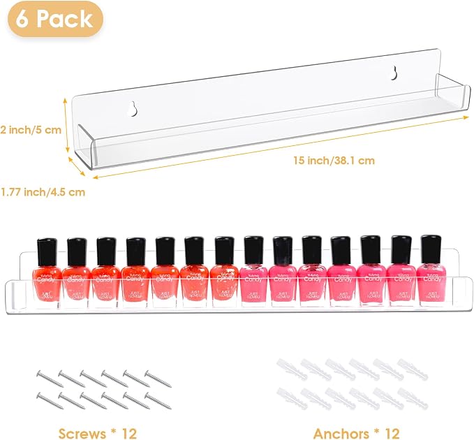 6 Pack Nail Polish Organizer Wall Mounted Shelf with Removable Anti-Slip Inserts, Paint Rack Acrylic Display for Salon Vanity Table Organization, Holds 90 Bottles, 15 Inch