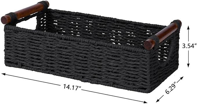 CubesLand Wicker Toilet Storage Basket Tray Organizer W/Cut Out Handle, Slim Decorative Basket for Countertop, Shelves And for Versatile Home Decor, Living Room, Nursery Organization, Black