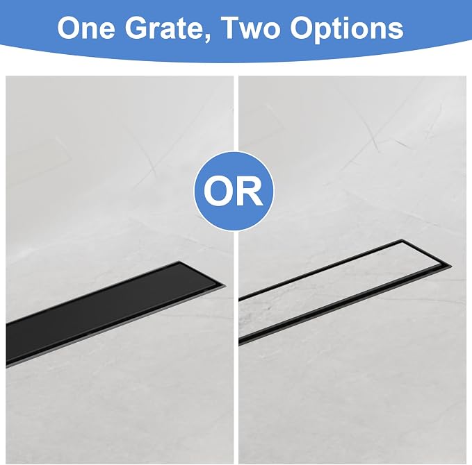 18-Inch Linear Shower Drain with Tile Insert Grate, SUS 304 Stainless Steel Linear Drain, Matte Black Long Rectangle Shower Floor Drain with Leveling Feet, Hair Strainer, Fits Bathroom