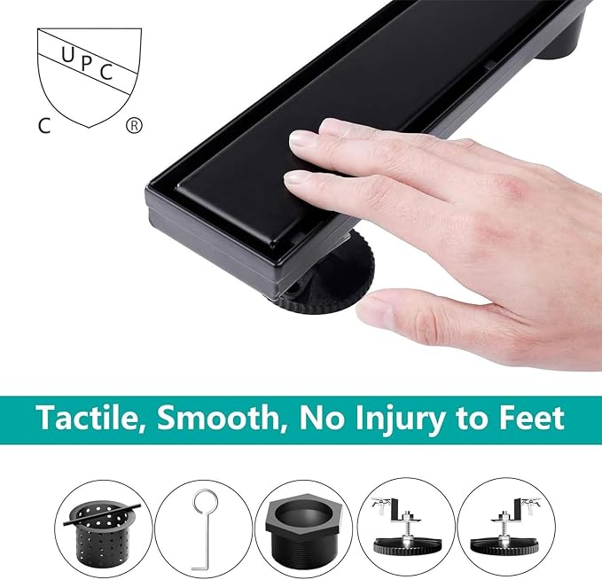 BARONAGE 24 Inch Linear Shower Drain, Reversible Tile Insert, Matte Black | 304 Stainless Steel Linear Drains, Rustproof, Hair Catcher, Rectangle Shower Floor Drain With Leveling Feet For Bathroom