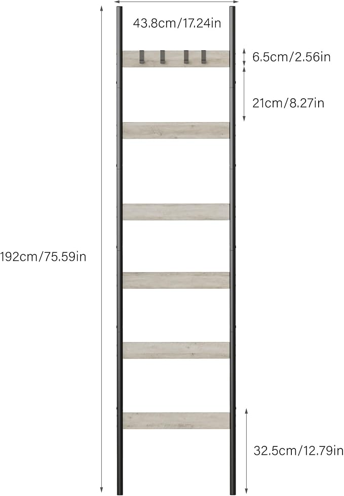 Blanket Ladder, 6-Tier Towel Holder with 4 Removable Hooks, Farmhouse Wall Leaning Decorative Rack Shelf, Wooden Towel Display Rack, Quilt Ladder for Living Room, Bedroom, Greige