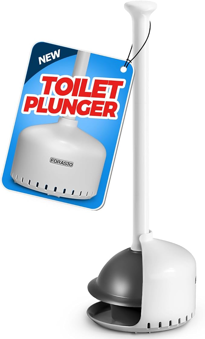 FORASTO Toilet Plunger with Holder - Heavy Duty Bathroom Cleaning Tools | Plungers for Bathroom, Toilet Bowl Cleaners, Apartment Must Haves, Bathroom Decor Accessories, Home Essentials, White
