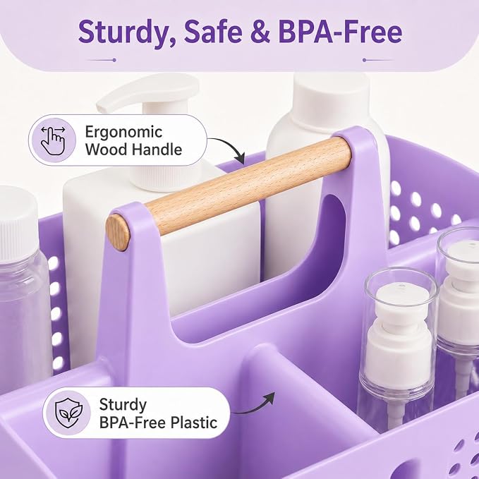 Portable Shower Caddy Basket with Wood Handle, 3-Compartment Bathroom Organizer Tote with Drain Holes, Plastic Shower Basket for Dorm, Toiletries, Cleaning Supplies, Purple