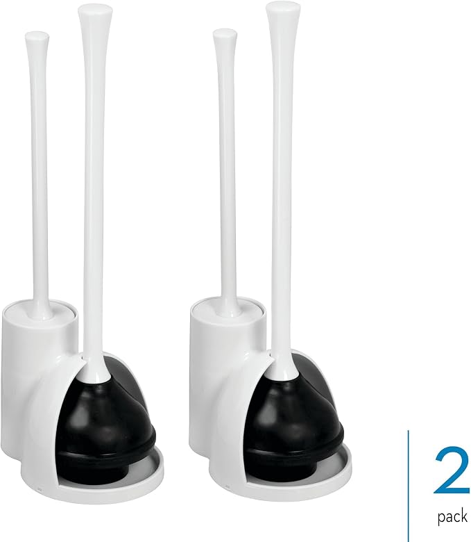 iDesign Compact Plunger Set, White, Set of 2 | Toilet Brush, Bathroom Cleaning, Storage