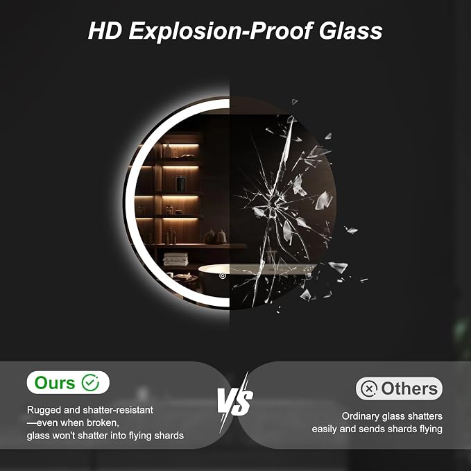 DUMOS 24 Inch Round LED Bathroom Mirror with Lights, Circle Vanity Mirror | Anti-Fog, Dimmable, 3-Color Light, Front Light and Backlit, Memory Function, Tempered Glass